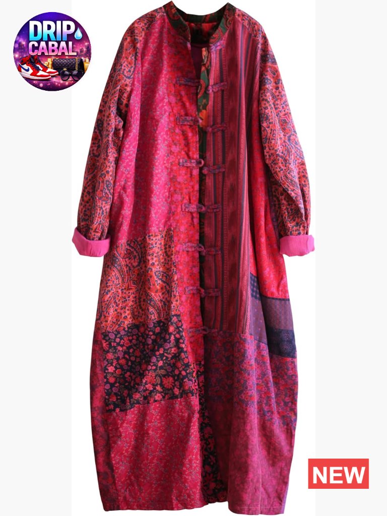 Women's Floral Patchwork Trench Coat Cotton Linen Duster Long Jacket
